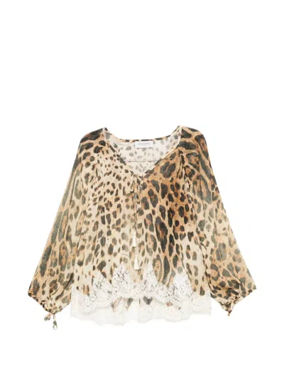Ermanno Lace-detail Printed Blouse In Animal Print