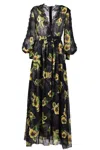 Ermanno Maxi Dress With Elegant Floral Print And Sheer Lace Details In Black