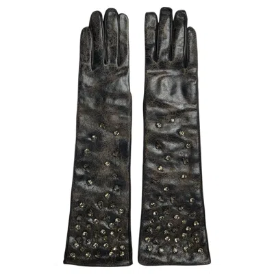 Pre-owned Ermanno Scervino 2013  Black Leather Gloves With Crystal Embellishment Boxed