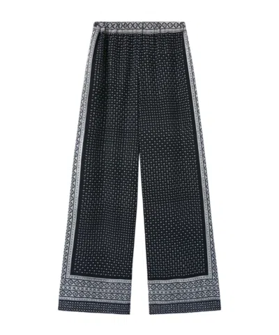 Ermanno Scervino Bandana Print Silk Palazzo Trousers With Hand-applied Crystals In Blue