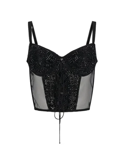 Ermanno Scervino Bead-embellished Lace-up Top In Black