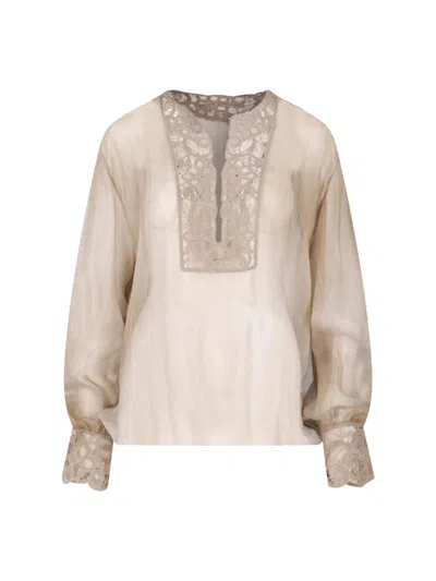 Ermanno Scervino Beige Deep V-neck Floral Lace Blouse In Animal Print