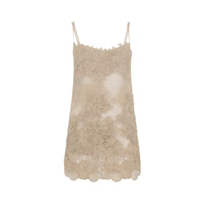 Ermanno Scervino Lace Overlay Mini Dress With Spaghetti Straps In Brown