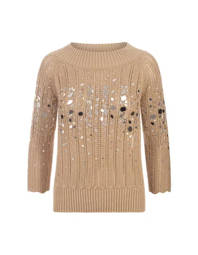 Ermanno Scervino Beige Sweater With Mirror Embroidery Jewellery In Brown