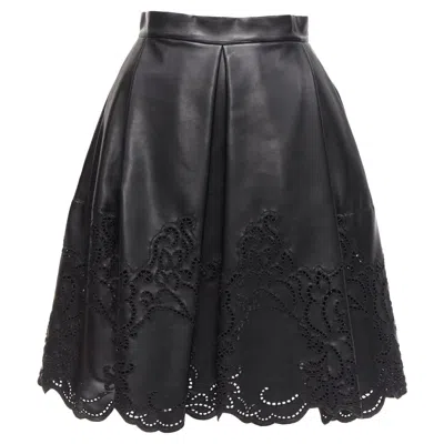 Pre-owned Ermanno Scervino Black Faux Leather Lattice Embroidery Scalloped Skirt It38 Xs