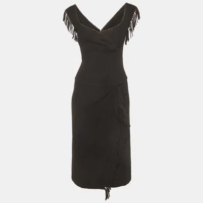 Pre-owned Ermanno Scervino Black Fringe Detail Cashmere Overlay Midi Dress S