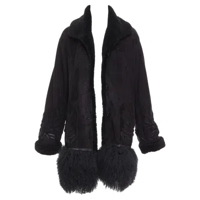 Pre-owned Ermanno Scervino Black Multi Sheep Shearling Leather Embroidered Coat It40 S
