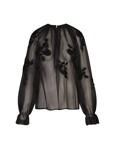 ERMANNO SCERVINO BLACK ORGANZA BLOUSE WITH MACRAMÉ LACE