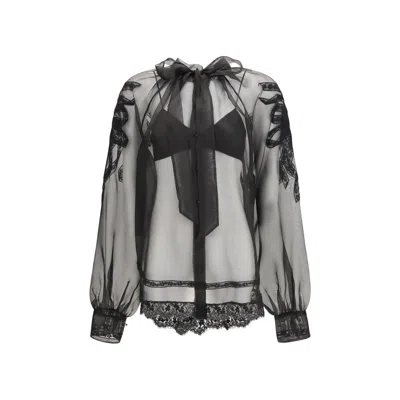 Ermanno Scervino Lace And Bow-tie Detail Silk Blouse In Black