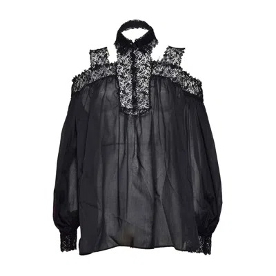 ERMANNO SCERVINO BLACK SILK BLOUSE WITH FLORAL LACE INSERTS