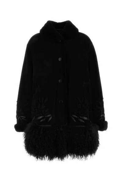 ERMANNO SCERVINO BLACK TEXTURED COAT WITH EMBROIDERED DESIGN