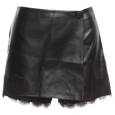 Pre-owned Ermanno Scervino Black Vegan Leather Wrap Skort Lace Trim Shorts It38 Xs