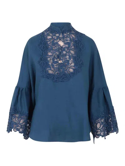 Ermanno Scervino Blouse With Embroidery And Wide Sleeves In Blue