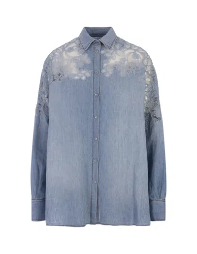ERMANNO SCERVINO BLUE LINEN AND COTTON OVER SHIRT WITH LACE