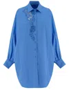 Ermanno Scervino Oversize Poplin Shirt Floral Embroidery In Blue