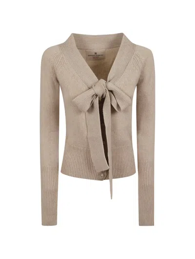 Ermanno Scervino Bow-detail Ribbed-knit Cardigan In Neutral