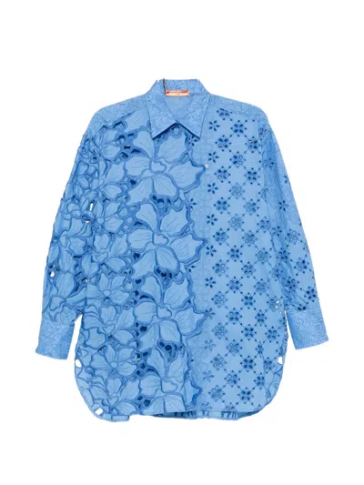 Ermanno Scervino Broderie-anglaise Floral-appliqué Shirt In Blue