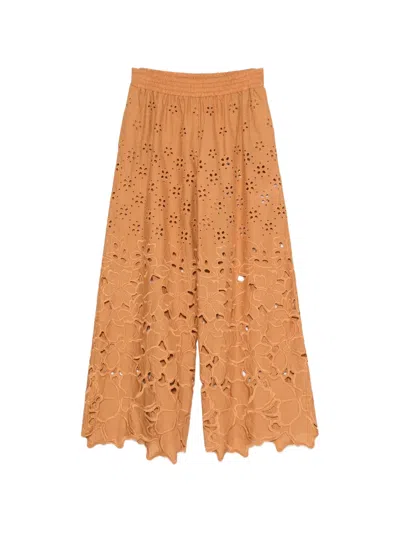 Ermanno Scervino Broderie-anglaise Floral-cut-out Trousers In Brown