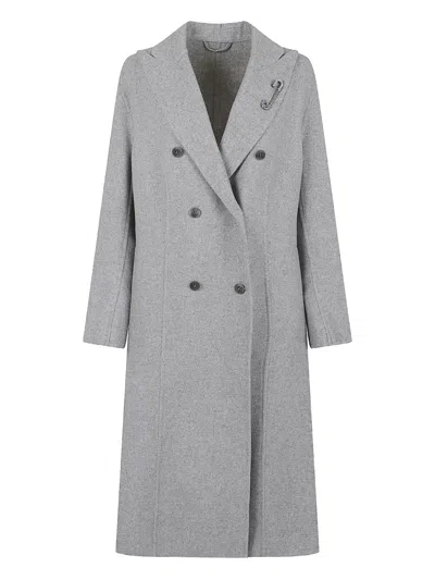 Ermanno Scervino Brooch-detail Double-breasted Coat In Gray