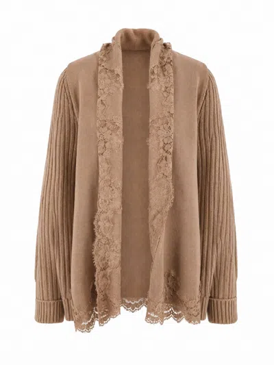 Ermanno Scervino Brown Lace-trimmed Ribbed Knit Cardigan