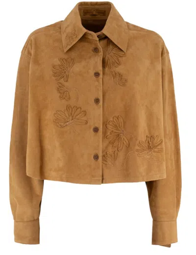 Ermanno Scervino Brown Long-sleeved Shirt With Floral Appliqués