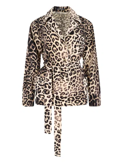 ERMANNO SCERVINO BROWN SILK PAJAMA SHIRT, ALL-OVER ANIMAL PRINT