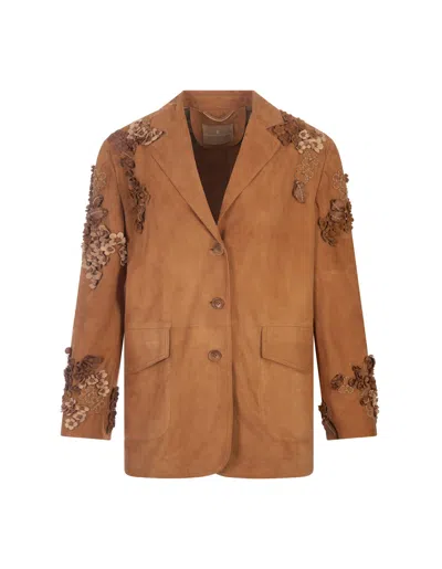 Ermanno Scervino Brown Suede One-breasted Jacket With Embroidery And Appliqués In Biscuit