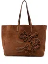 ERMANNO SCERVINO BROWN SUEDE SHOPPING BAG WITH APPLIQUÉ FLOWERS