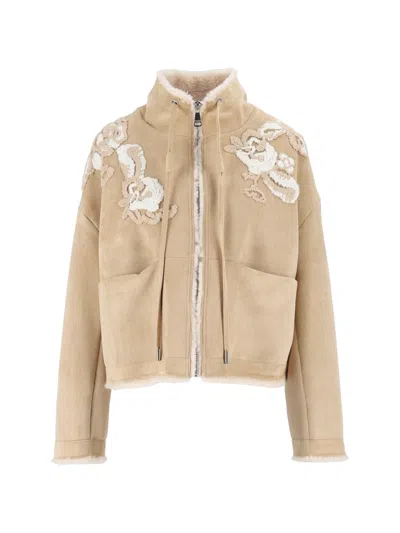 Ermanno Scervino Brown Suede-like Cropped Shearling Floral Embroidered Jacket