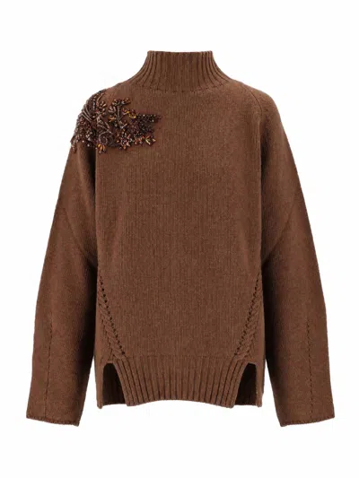 Ermanno Scervino Brown Wool Ribbed Embellished Shoulder Sweater