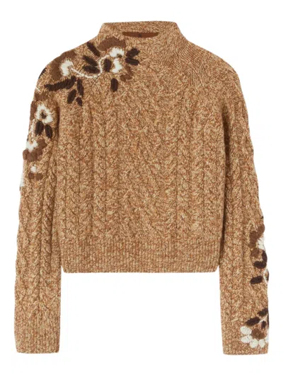 Ermanno Scervino Cable-knit Floral-embroidered Sweater In Neutral