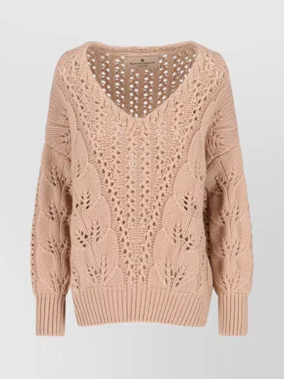 Ermanno Scervino Cashmere Sweater With Openwork Floral Design And V-neckline In Brown