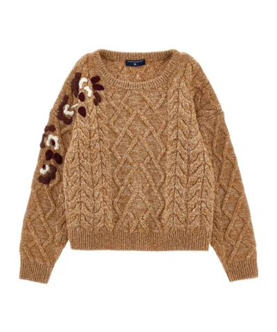 Ermanno Scervino Kids' Cable-knit Floral-embroidered Sweater In Brown