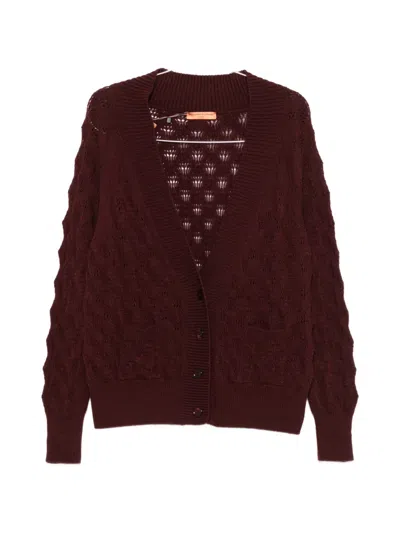 Ermanno Scervino Cable-knit Pointelle-trim Cardigan In Burgundy