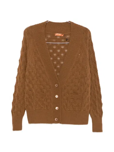 Ermanno Scervino Cable-knit Pointelle-trim Cardigan In Brown