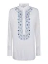 Ermanno Scervino Mandarin Collar Shirt With Intricate Blue Embroidery In White