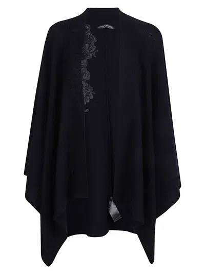 Ermanno Scervino Draped Cape With Embroidered Ribbed Texture In Blue