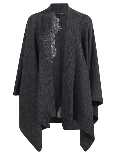 Ermanno Scervino Draped Cape With Ribbed Hem And Embroidery In Gray