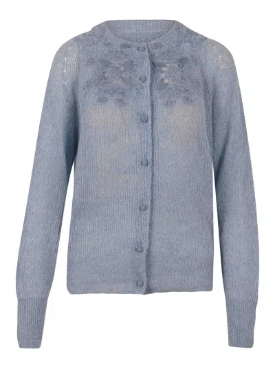 Ermanno Scervino Cardigan With Floral Embroidery In Blue