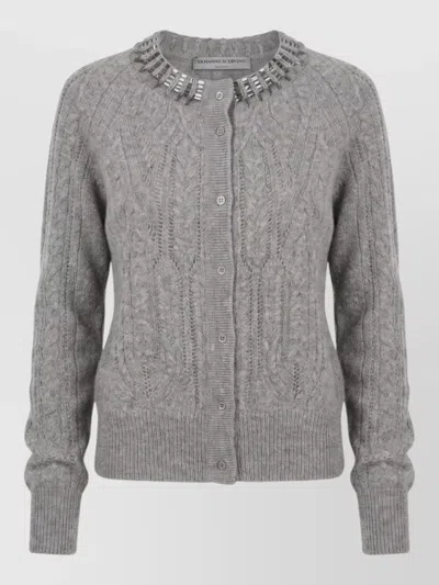 Ermanno Scervino Cashmere Cardigan Cable Knit Decorative Neckline In Gray