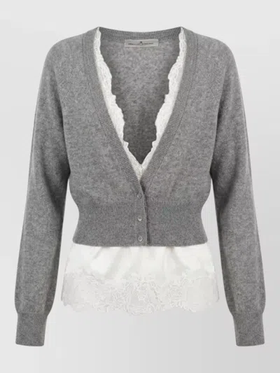 Ermanno Scervino Cashmere Cardigan Cropped Lace Trim V Neck In Gray