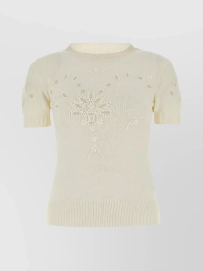 Ermanno Scervino Cashmere Knit With Hemline Slits And Floral Cut-outs In Neutral