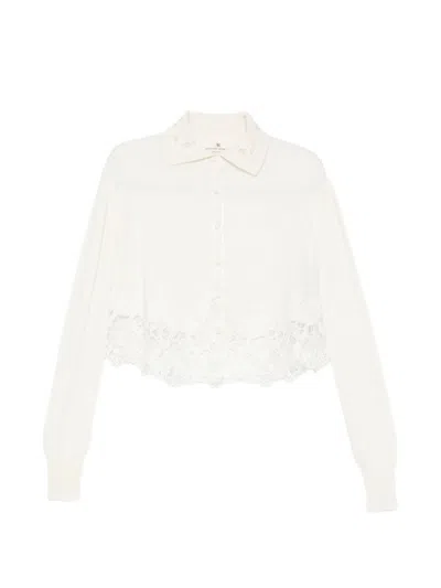 Ermanno Scervino Cashmere Lace Trim Long Sleeve Knitted Shirt In White