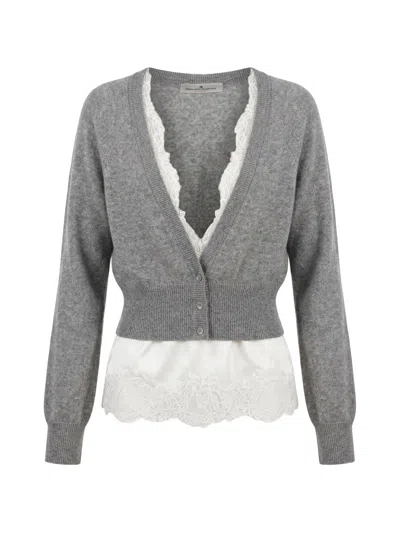 Ermanno Scervino Cashmere Lace-trim Cardigan In Grey