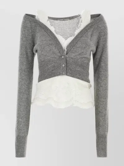 Ermanno Scervino Cashmere Stretch Silk Off Shoulder Top Lace In Gray