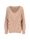 Ermanno Scervino Cashmere Sweater With Openwork Floral Design And V-neckline In Neutral