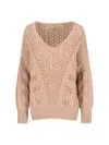 Ermanno Scervino Cashmere Sweater With Openwork Floral Design And V-neckline In Brown