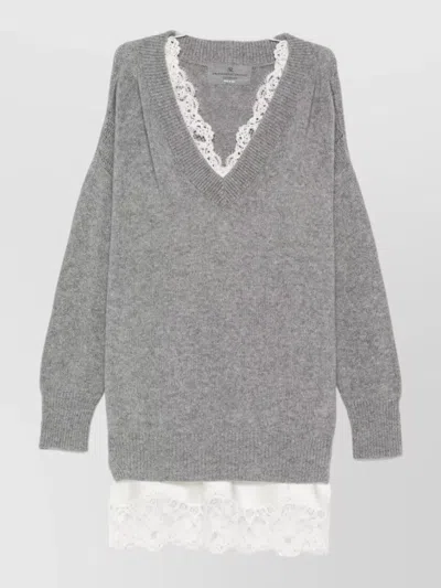 Ermanno Scervino Cashmere V Neck Lace Knit Dress In Gray