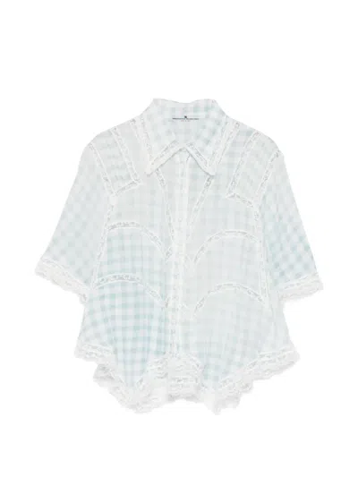 Ermanno Scervino Cropped Silk Shirt With Blue Vichy Print And Valencienne Lace