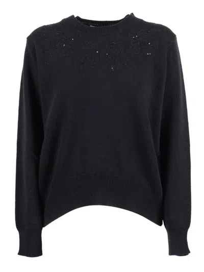 Ermanno Scervino Classic Crew Neck Sweater With Textured Fabric In Black